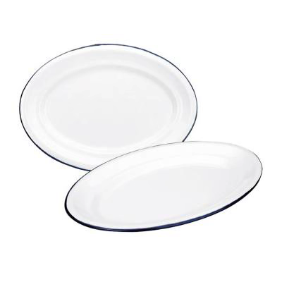 Bandeja oval retro acero esmaltado blanco azul