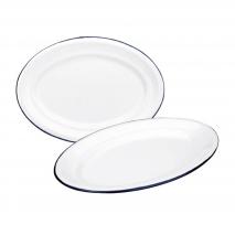 Bandeja oval retro acero esmaltado blanco azul