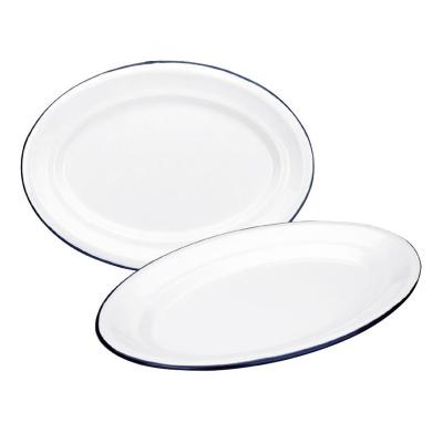 Bandeja oval retro acero esmaltado blanco azul