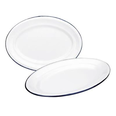 Bandeja oval retro acero esmaltado blanco azul