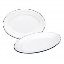 Bandeja oval retro acero esmaltado blanco azul