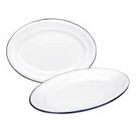 Bandeja oval retro acero esmaltado blanco azul