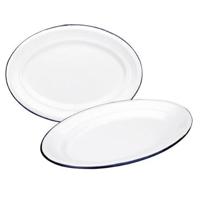 Bandeja oval retro acero esmaltado blanco azul