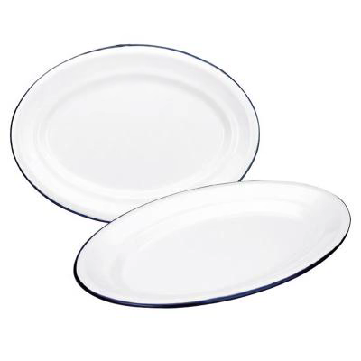 Bandeja oval retro acero esmaltado blanco azul