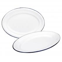 Bandeja oval retro acero esmaltado blanco azul