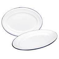 Bandeja oval retro acero esmaltado blanco azul