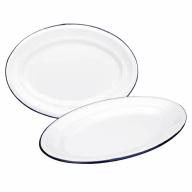 Bandeja oval retro acero esmaltado blanco azul