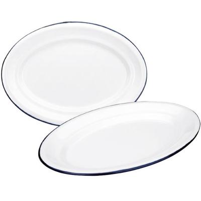 Bandeja oval retro acero esmaltado blanco azul