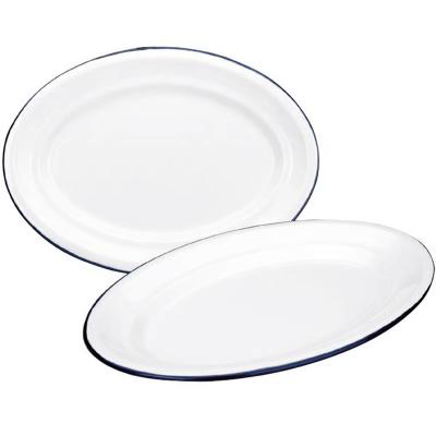 Bandeja oval retro acero esmaltado blanco azul
