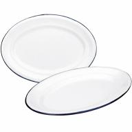 Bandeja oval retro acero esmaltado blanco azul