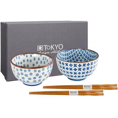 Set 2 boles arroz sushi con 4 palillos flor azul