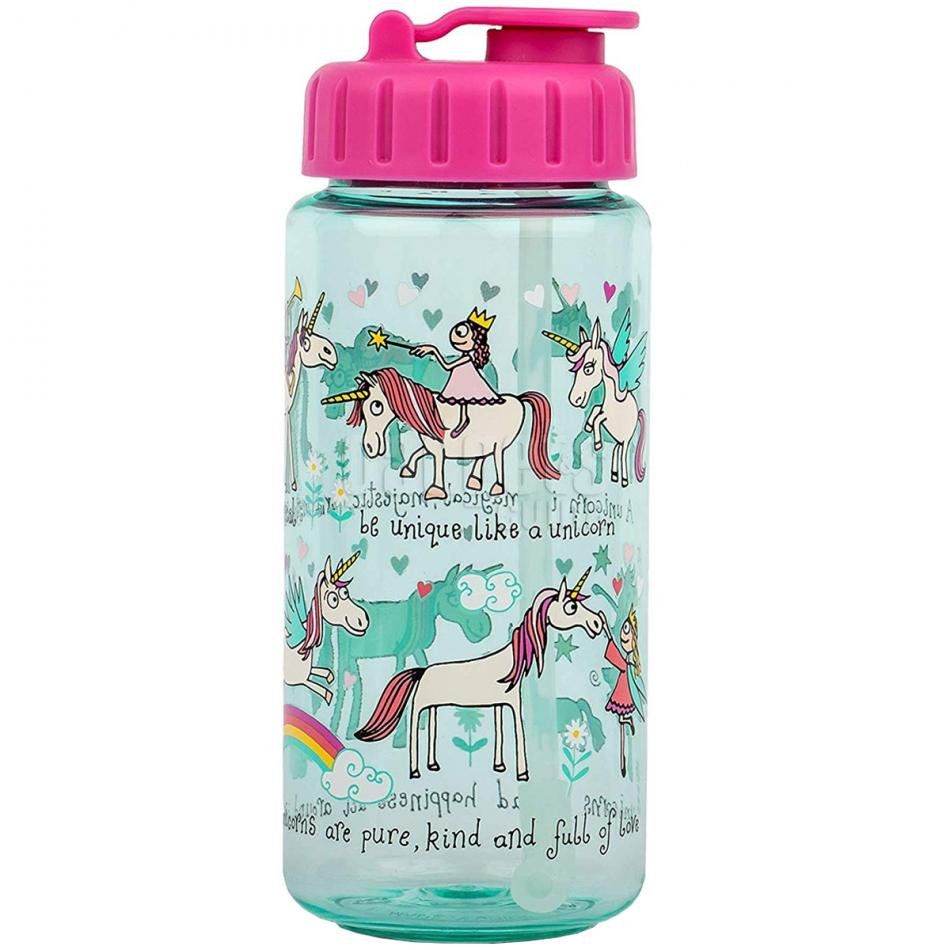 Botella agua con pajita Unicornios
