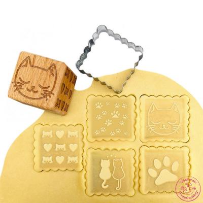 Cortador galletas y sello de madera Gato