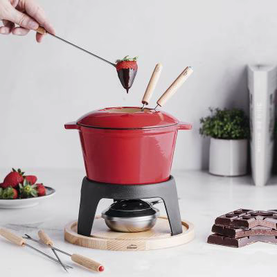 Set Fondue hierro fundido Rosso base madera 1,2 L