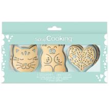 Set 3 cortadores galletas y stencil Gato, Corazn