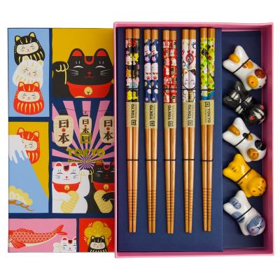 Set 5 pares palillos con 5 soportes Lucky Cat