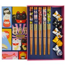 Set 5 pares palillos con 5 soportes Lucky Cat