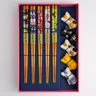 Set 5 pares palillos con 5 soportes Lucky Cat